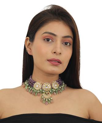 Purple Moti Line Choker Set Beadded Sea Green Beads 5