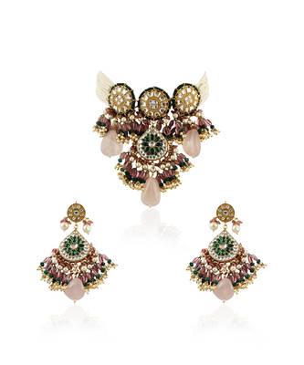 White And Green Stone Choker Set With Green Moti Work Beadded Light Pink Beads 2