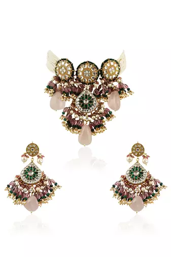 White And Green Stone Choker Set With Green Moti Work Beadded Light Pink Beads