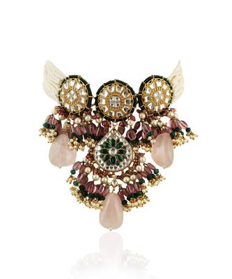 White And Green Stone Choker Set With Green Moti Work Beadded Light Pink Beads 3
