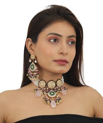 White And Green Stone Choker Set With Green Moti Work Beadded Light Pink Beads 1