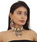 White And Green Stone Choker Set With Green Moti Work Beadded Light Pink Beads