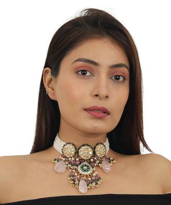 White And Green Stone Choker Set With Green Moti Work Beadded Light Pink Beads 5