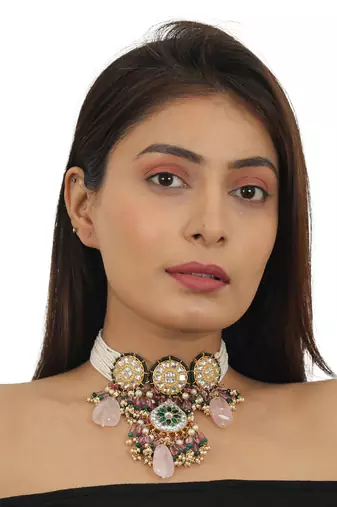 White And Green Stone Choker Set With Green Moti Work Beadded Light Pink Beads