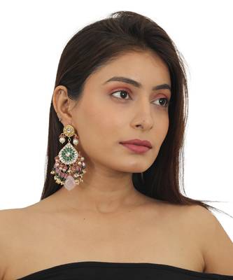 White And Green Stone Choker Set With Green Moti Work Beadded Light Pink Beads 6
