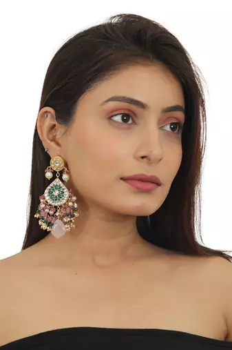 White And Green Stone Choker Set With Green Moti Work Beadded Light Pink Beads