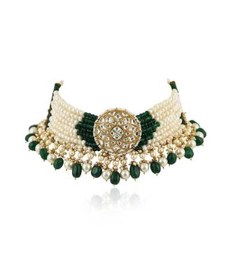 White Choker Set With Small Dark Green And Pearl Line Beadded Green Beads And Pearl 2