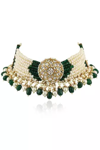 White Choker Set With Small Dark Green And Pearl Line Beadded Green Beads And Pearl