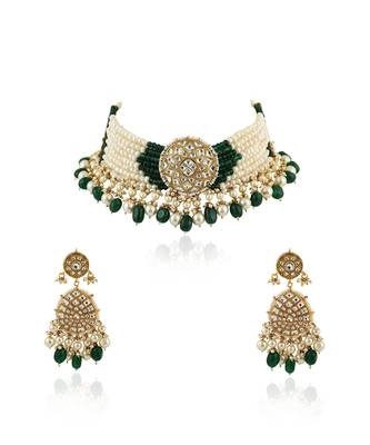 White Choker Set With Small Dark Green And Pearl Line Beadded Green Beads And Pearl 3