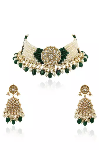 White Choker Set With Small Dark Green And Pearl Line Beadded Green Beads And Pearl