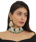 White Choker Set With Small Dark Green And Pearl Line Beadded Green Beads And Pearl
