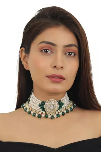 White Choker Set With Small Dark Green And Pearl Line Beadded Green Beads And Pearl