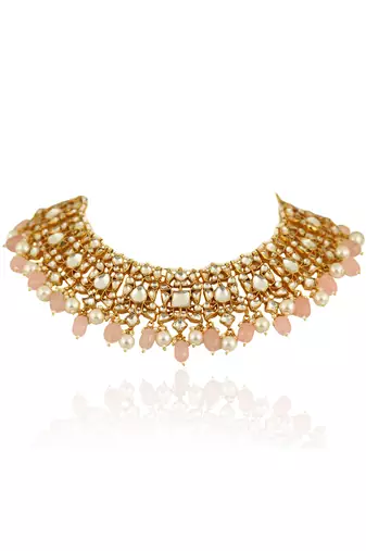 White Necklace Set With Light Pink Beads