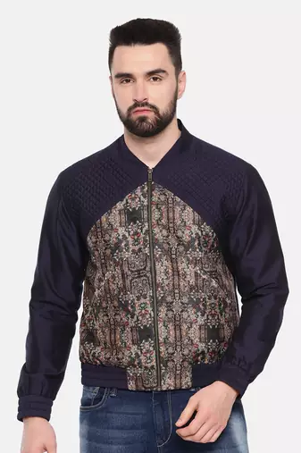 Quilted Blue Beige Bomber Jacket