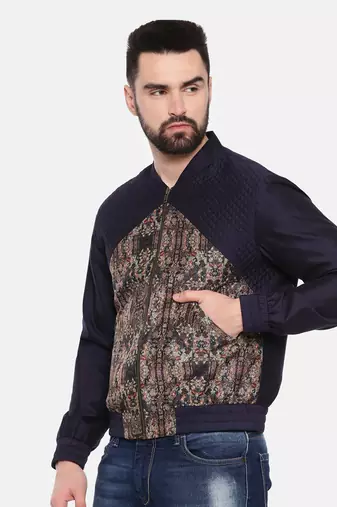 Quilted Blue Beige Bomber Jacket