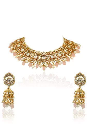 White Necklace Set With Light Pink Beads