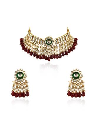 Red Beads With Green Meenakari White Jadtar Choker Set 2