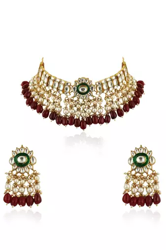 Red Beads With Green Meenakari White Jadtar Choker Set