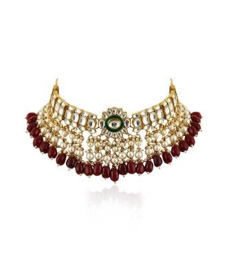 Red Beads With Green Meenakari White Jadtar Choker Set 3