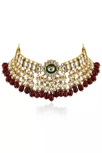 Red Beads With Green Meenakari White Jadtar Choker Set