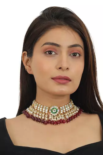 Red Beads With Green Meenakari White Jadtar Choker Set