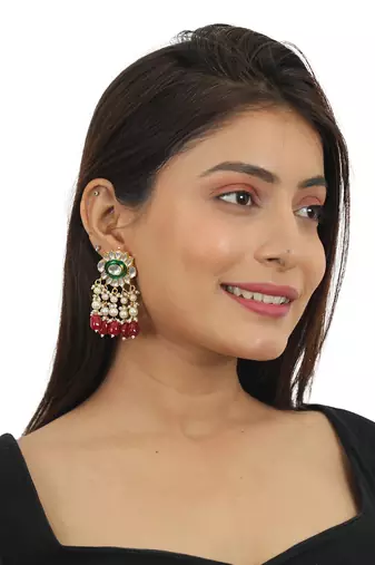 Red Beads With Green Meenakari White Jadtar Choker Set