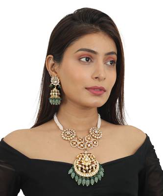 Sea Green Beads White Long Necklace Set 1