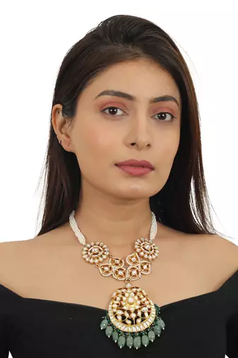 Sea Green Beads White Long Necklace Set