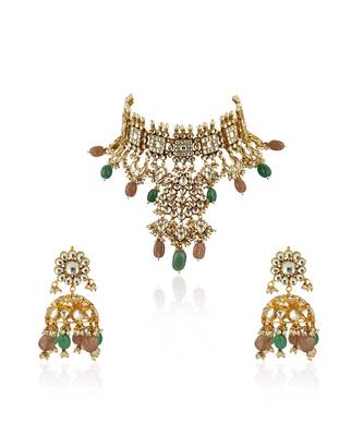 Pastel Pink And Sea Green Heavy Necklace With Jhumki 2