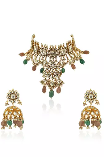 Pastel Pink And Sea Green Heavy Necklace With Jhumki