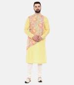 Yellow Linen Printed Kurta Set