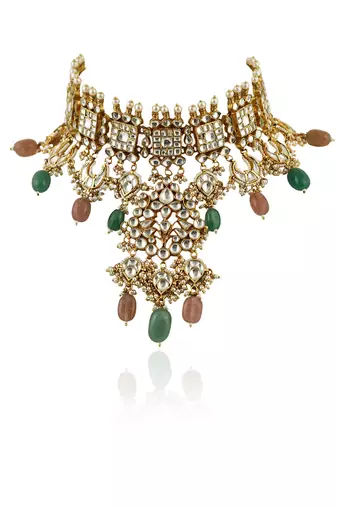 Pastel Pink And Sea Green Heavy Necklace With Jhumki
