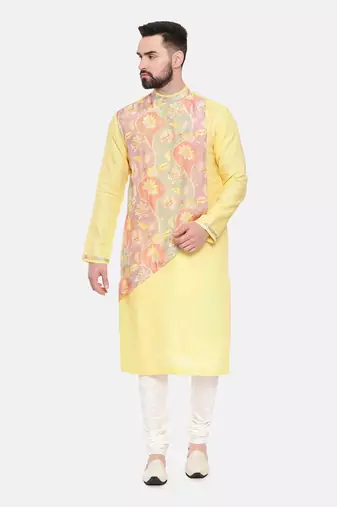 Yellow Linen Printed Kurta Set