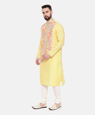 Yellow Linen Printed Kurta Set 3