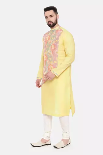 Yellow Linen Printed Kurta Set