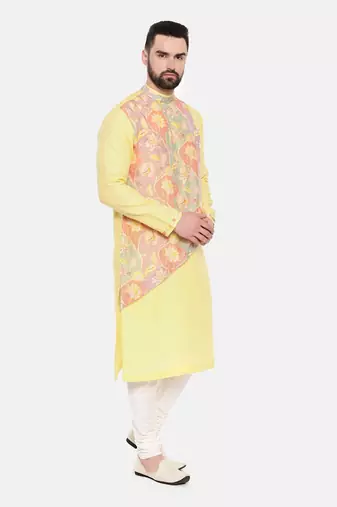 Yellow Linen Printed Kurta Set
