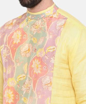 Yellow Linen Printed Kurta Set 6