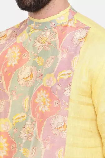 Yellow Linen Printed Kurta Set