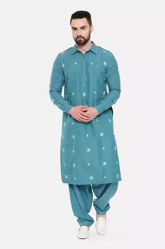 Blue Cotton Pathani Set