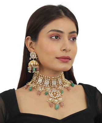 Pastel Pink And Sea Green Heavy Necklace With Jhumki 1
