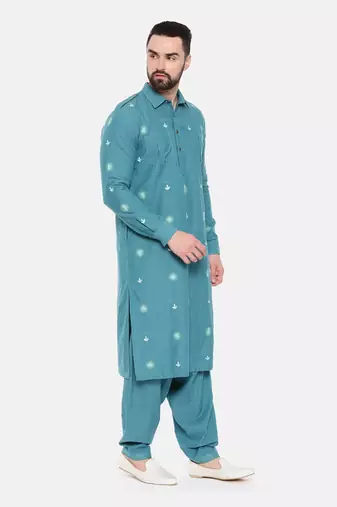 Blue Cotton Pathani Set