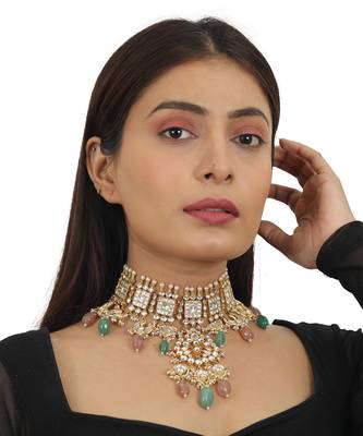 Pastel Pink And Sea Green Heavy Necklace With Jhumki 5