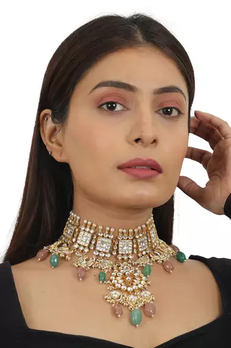 Pastel Pink And Sea Green Heavy Necklace With Jhumki