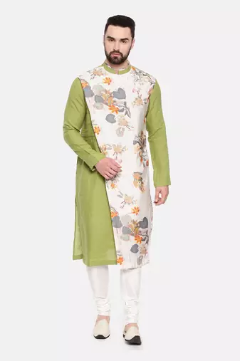 Green Linen Printed Kurta Set