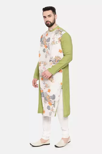 Green Linen Printed Kurta Set