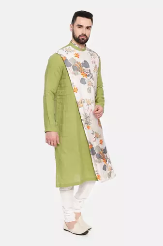 Green Linen Printed Kurta Set