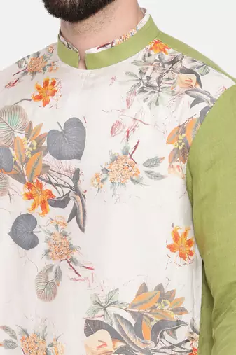 Green Linen Printed Kurta Set