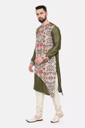 Green Silk Cotton Printed Kurta Set