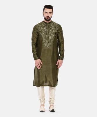 Green Silk Slub Embroidered Kurta Set 1
