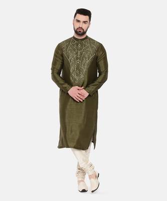 Green Silk Slub Embroidered Kurta Set 2